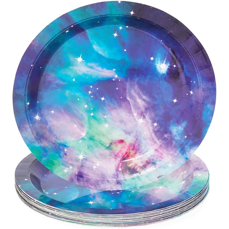 BLUE PANDA 168-Piece Space Birthday Decorations Set - Serves 24, Blue Galaxy 9" & 7" Plates, 9-Oz Cups, Napkins & 6" Cutlery - Moon & Stars Decor - Galaxy Party Cups & Cosmic Napkins - Image 3